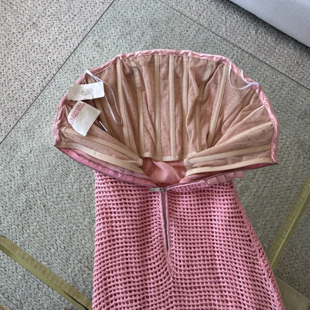 Alejandra Alonso Rojas Draped Bustier Crochet Fringe Maxi Dress Rose NWT - Picture 6 of 9